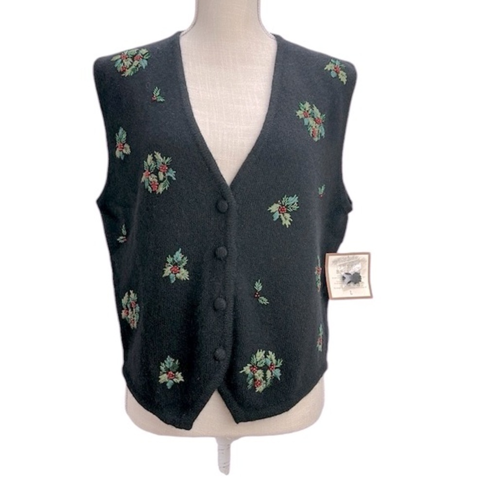 Vtg Susan Bristol Black Lambswool Angora Embroidered Beaded Holly‎ Vest L 90s